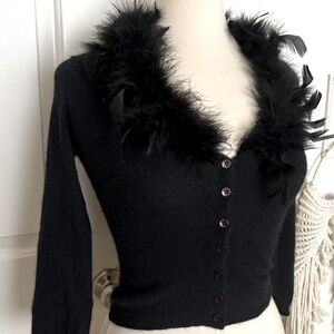 Bebe Moda Vintage Black Feather & Fur Trim Angora Lambswool Cardigan Sweater